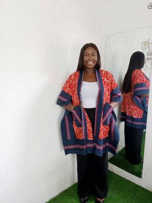 Liya Jacket by Mena Stiches (Red colour Ankara with a touch of White and Blue Asoke)