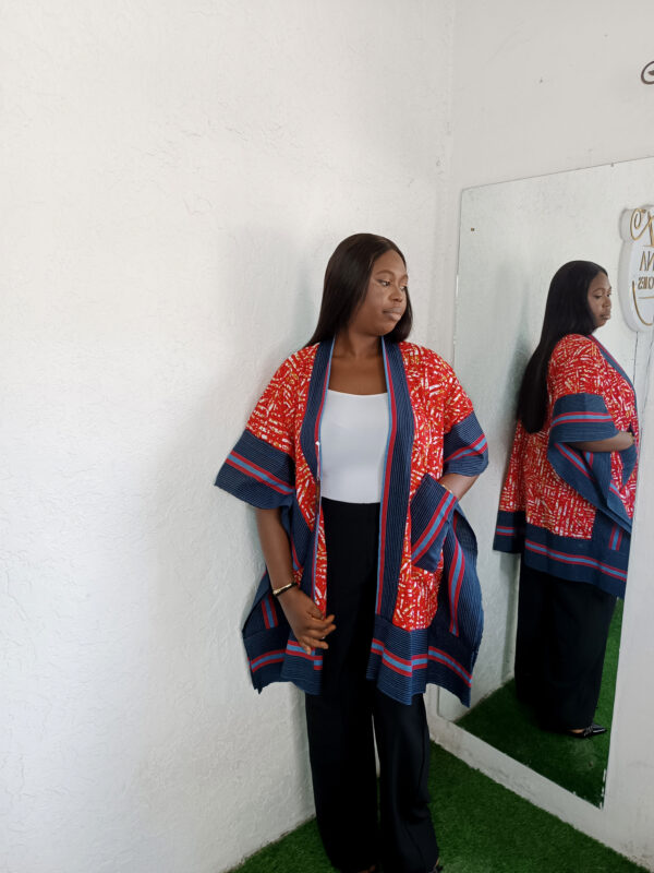 Liya Jacket by Mena Stiches (Red colour Ankara with a touch of White and Blue Asoke)