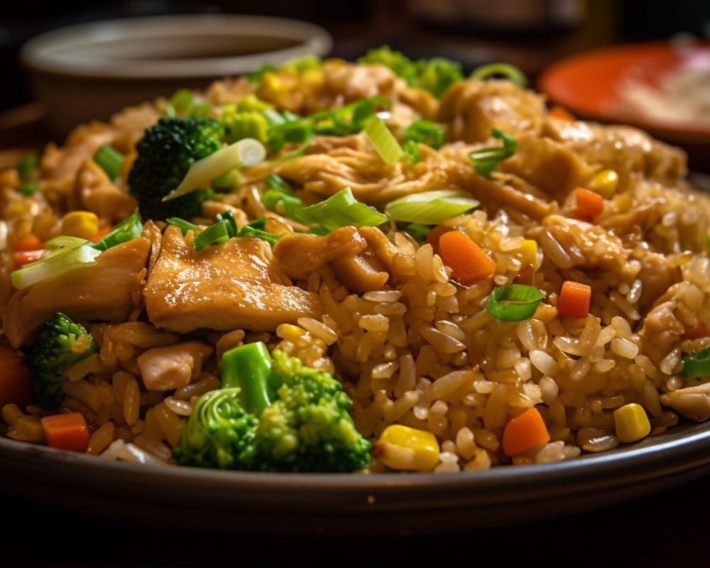 Healthy vegetarian lunch plate with rice and vegetables generated by artificial intelligence